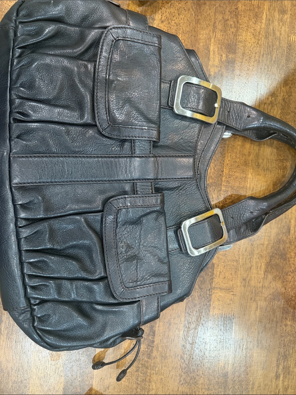 Cole Haan Black Leather Messenger Bag with Buckle Accents